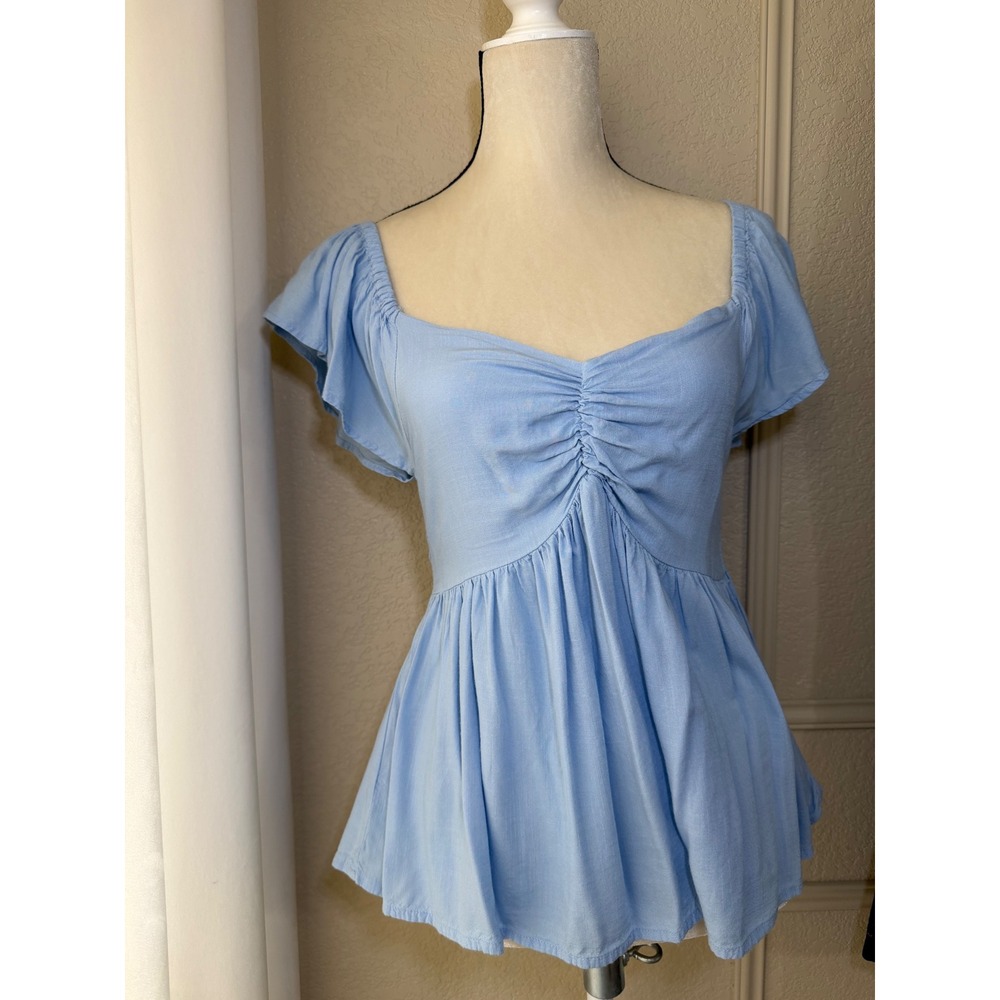 Japna Sky Blue Ruched Sweetheart Peplum Blouse Smocked Back Small